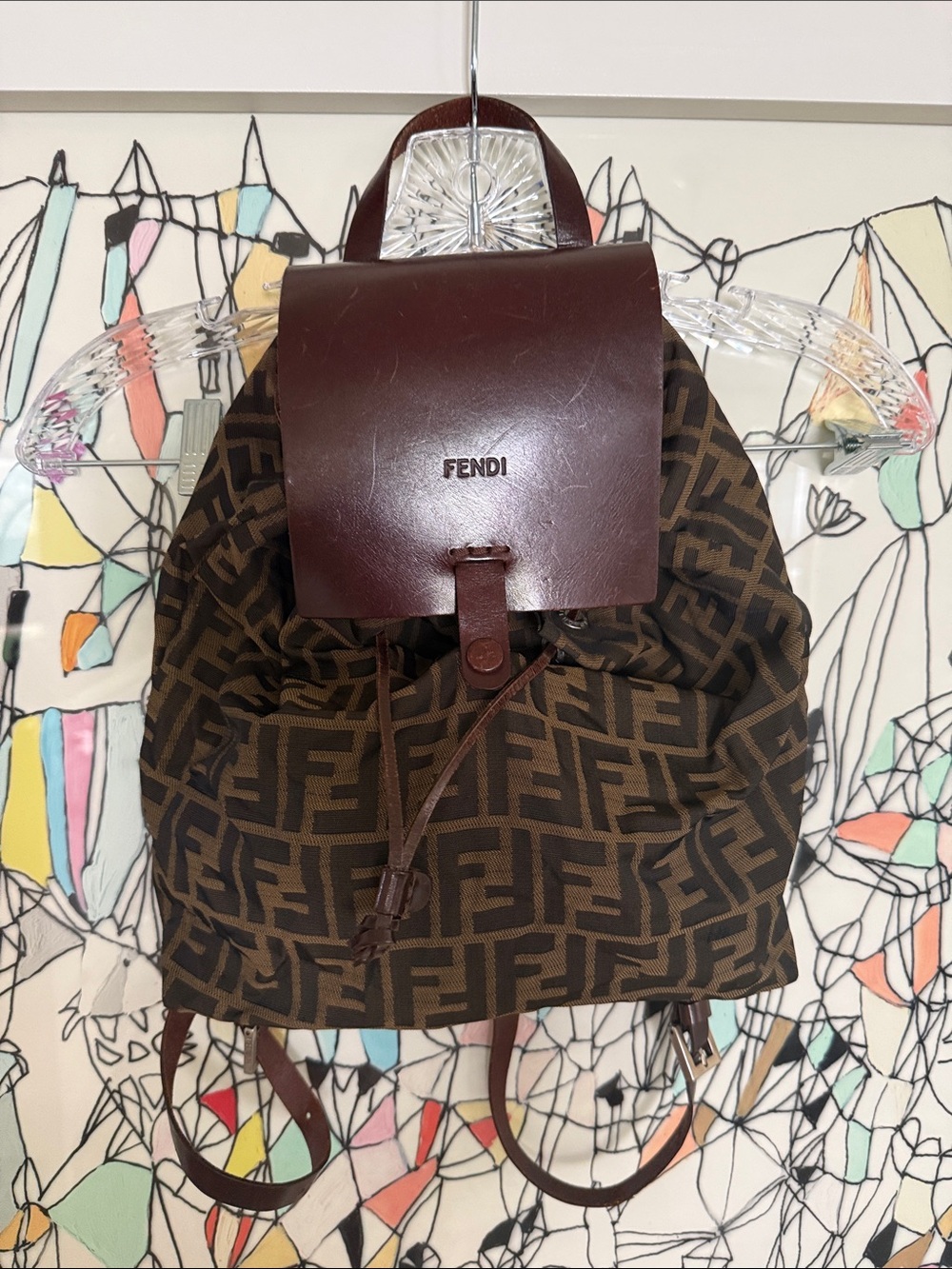 Fendi Brown FF Logo Canvas Backpack with Dark Brown Leather Flap